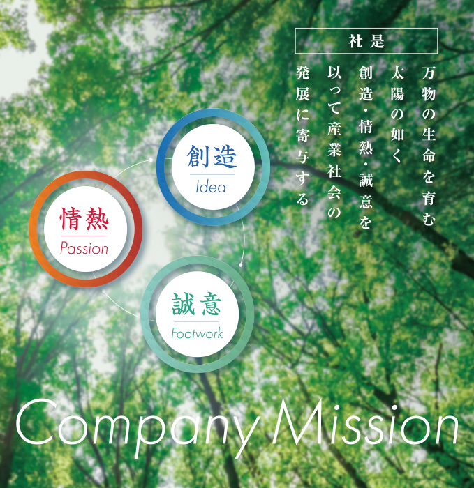 万物の生命を育む太陽の如く 創造・情熱・誠意を以って 産業社会の発展に寄与する。